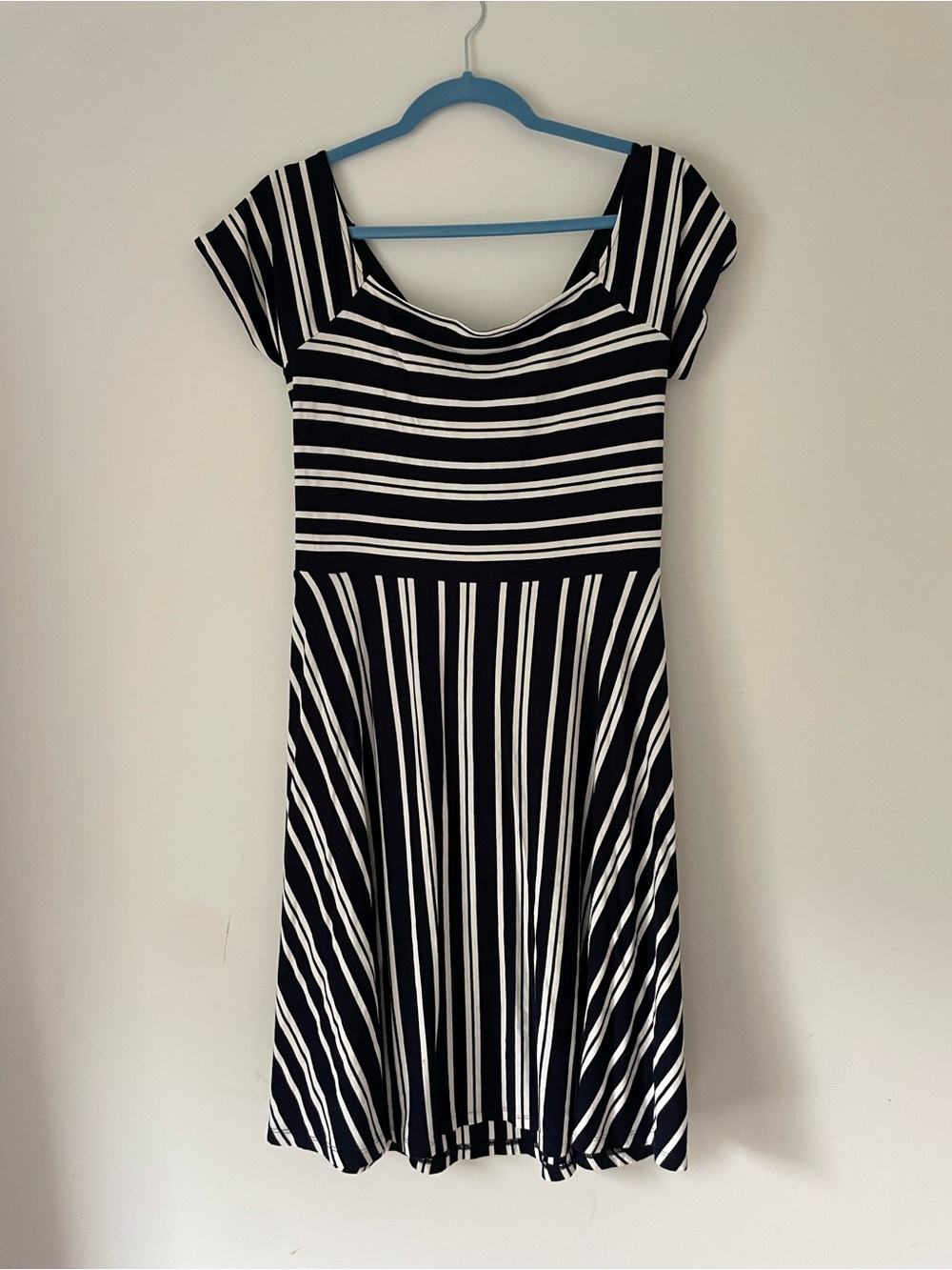 LOFT Black and White Striped Midi Fit-and-Flare Dress
